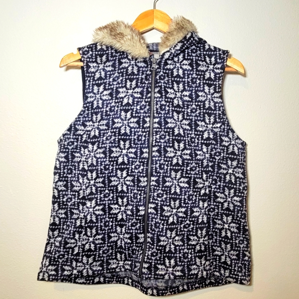 Talbots Blue Sweater Vest Sleeveless Hooded Faux Fur